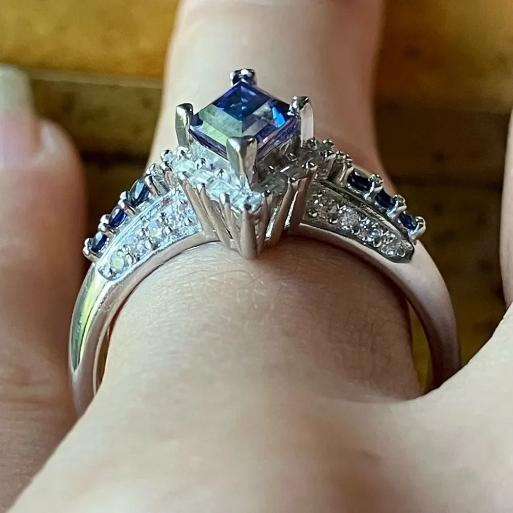 Authentic Blue Moissanite Sterling Silver Ring Size 8